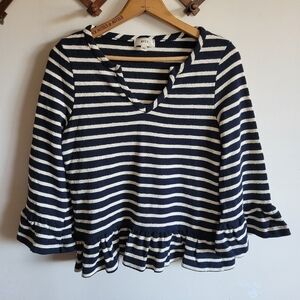 NWT NYTT 3/4 Sleeve Blouse Thick Cotton Ruffle Navy Blue Cream Medium